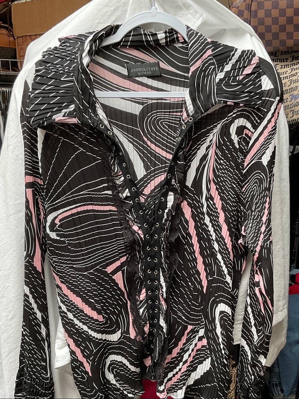 Jennifer Lloyd Black & Pink Lace-Up Button Down Shirt
